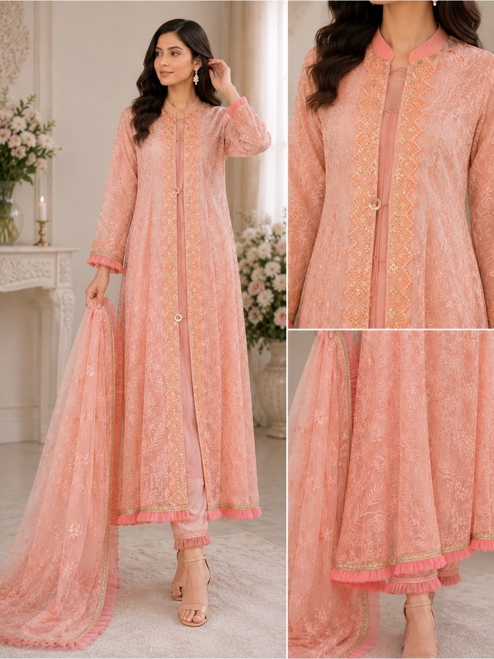 Peach Embroidered Long Desi 3-Piece Suit
